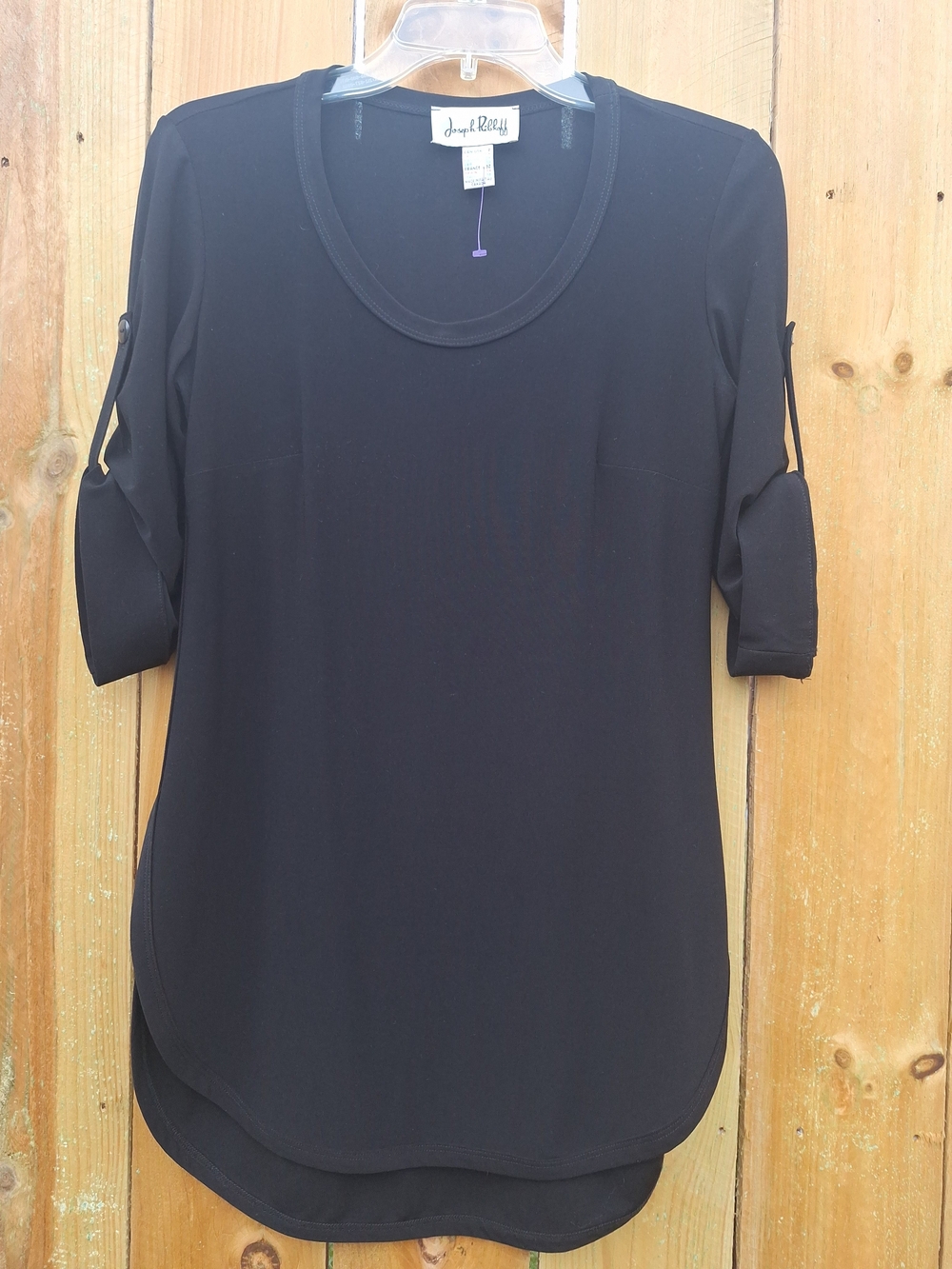 Joseph Ribkoff Black Scoop-Neck Roll-Tab Sleeve Blouse Size 2